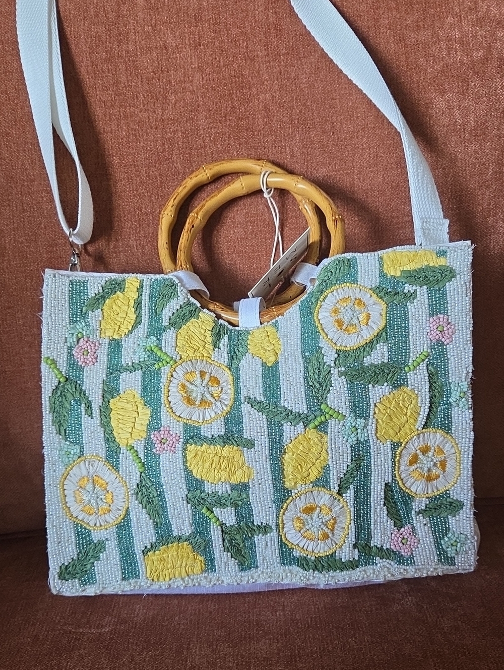 Womens SOL and MER Beaded Summer Satin Purse Tote Bag Lemons Wood Handles NWT - Picture 7 of 9